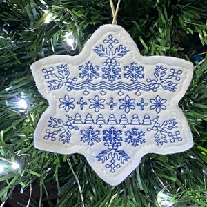 Nordic Folk Art Snowflake Ornament Embroidered on White Felt with Blue Thread. Finnish Gift Tag.