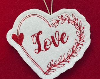 Valentines Day Heart Ornament Embroidered on White Felt with Red Thread. Love & Heart Shaped Vines. Gift for Yourself or Anybody You Love.
