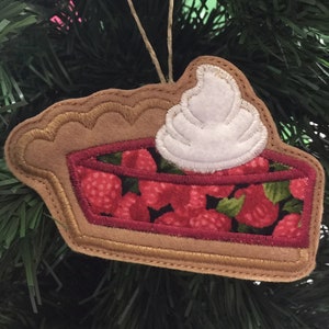 Raspberry Pie Slice Ornament with Whipped Cream.  Embroidered Felt Applique Raspberry Pie with Twine Hanging Loop.