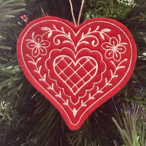 Red and White Heart Ornament Embroidered on Felt. image 1