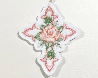 Elegant Easter Cross Ornament with a Rose Embroidered on White Felt with Variegated Peach and Green Threads. Christian Gift for Easter.