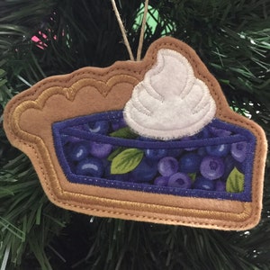 Blueberry Pie Slice Ornament with Whipped Cream.  Embroidered Felt Applique Blueberry Pie with Twine Hanging Loop.