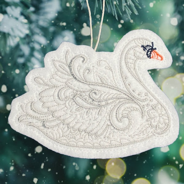 Swan Christmas Ornament Embroidered on White Felt with Silver Thread. Elegant Holiday Decoration for Swan Lovers.