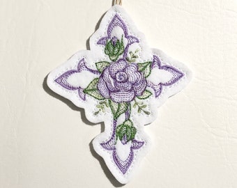 Elegant Easter Cross Ornament with a Rose Embroidered on White Felt with Variegated Purple and Green Threads. Christian Gift for Easter.