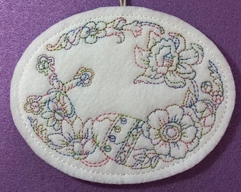 Easter Ornament With Cross, Egg and Flowers Embroidered on White Felt with a Pastel Variegated Thread. Easter Decor Gift.