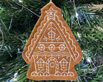 Dark Gingerbread House Ornament Embroidered on Reddish Brown Felt with White Thread. Iced Cookie Gift Tag.