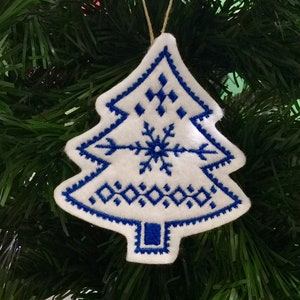 Swedish Christmas Tree Ornament Embroidered on White Felt with Bright Blue Stitching. Nordic Holiday Decor. Christmas Decoration.