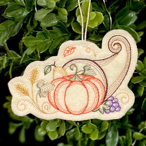 Thanksgiving Cornucopia Ornament Embroidered on Felt in Fall Colors. Multiple Choices in Felt Color. Horn of Plenty Autumn & Decor.