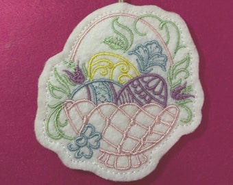 Pastel Easter Basket Ornament Embroidered on White Felt with Pink, Blue, Lilac, Yellow and Green Threads. Easter Eggs in Pink Basket.