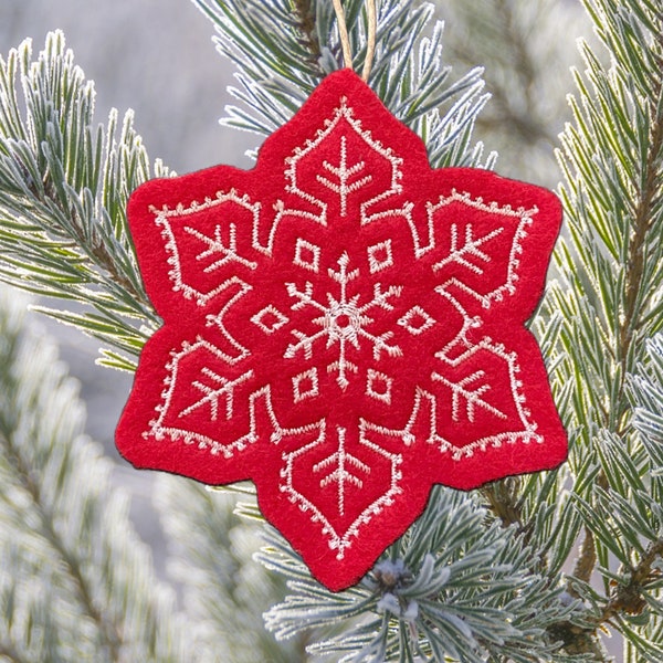 Swedish Christmas Snowflake Ornament Embroidered on Red Felt with White Stitching. Nordic Holiday Decor.