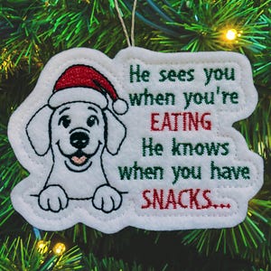 Dog Ornament – Embroidered Funny Felt Holiday Dog Gift, Santa Hat Pup with Snacks Quote, Christmas Decoration for Dog Lovers