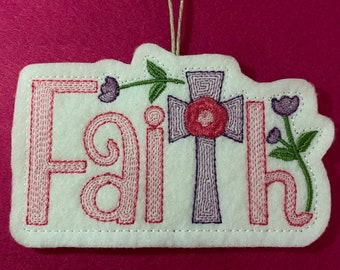 Faith Ornament Embroidered on White Felt Spring Colors of Pink, Lilac and Green. Easter Ornament, Gift, Decor.