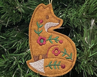 Swedish Folk Art Fox Ornament. Nordic Fox Embroidered on Reddish Brown Felt with Dark Brown, Deep Green and Dark Pink Threads. Woodland Gift