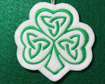 St. Patrick's Day Shamrock Ornament with Triquetra Designs Embroidered on White Felt with Green Thread. Irish Decor or Gift.