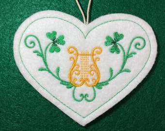 St. Patrick's Day Heart Shaped Ornament with Shamrocks and a Lyre or Harp. Embroidered on White Felt with Green and Gold Threads. Irish Gift