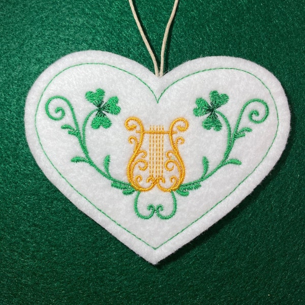 St. Patrick's Day Heart Shaped Ornament with Shamrocks and a Lyre or Harp. Embroidered on White Felt with Green and Gold Threads. Irish Gift