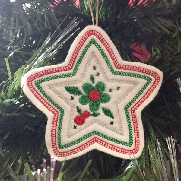 White Christmas Star Ornament with Flower Center. Embroidered Felt Ornament for Christmas Holiday.