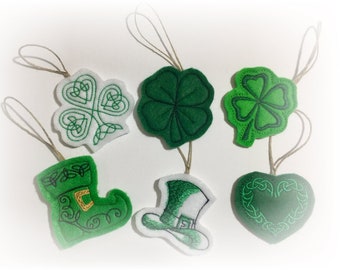 St. Patrick's Day Mini Ornaments in Set of 6 or Singles. Irish Celtic Knot Shamrock and Heart, 4 Leaf Clovers, Leprechaun Boot and Hat.