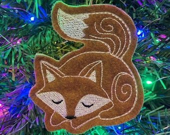 Sleeping Fox Ornament Available in Full Size and Mini. Embroidered on Reddish Brown Felt with White and Dark Threads. Cute Fox Gift Tag.