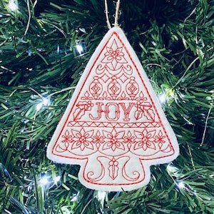 Nordic Folk Art Christmas Tree Ornament with JOY Embroidered on White Felt with Red Thread. Norway, Finland, Sweden, Denmark, Iceland