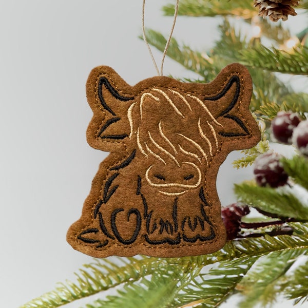 Scottish Highland Cow Ornament Embroidered on Brown Felt with Black and Tan Threads. Cute Highland Bull.