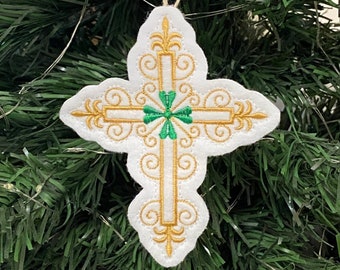 St. Patrick's Day Cross Ornament Embroidered on White Felt with a Gold Cross and a Green 4 Leaf Clover.