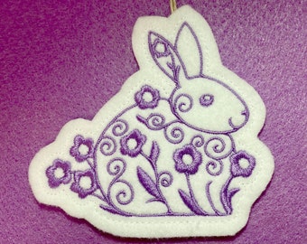 Easter Rabbit Ornament with Flowers and Swirls Embroidered on White Felt with Lavender Thread. Easter Bunny Gift, Decor or Gift Tag.