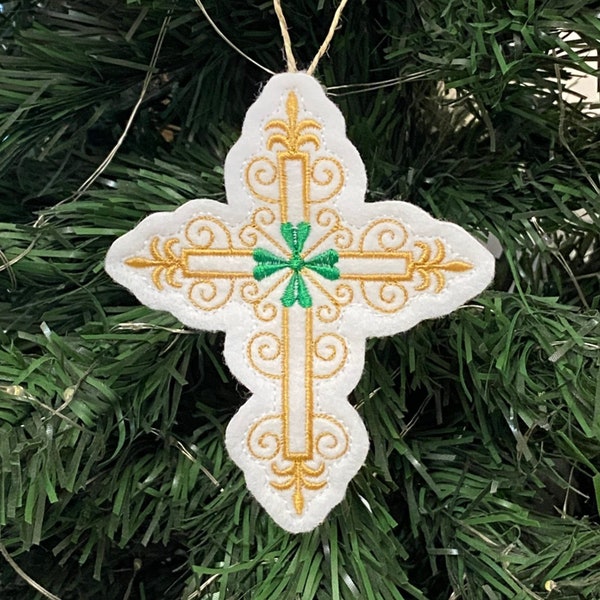 St. Patrick's Day Cross Ornament Embroidered on White Felt with a Gold Cross and a Green 4 Leaf Clover.