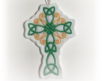 St. Patrick's Day Celtic Cross Ornament. Embroidered on White Felt with Green Triquetras and Yellow/Gold Swirls. Twine Hanging Loop.