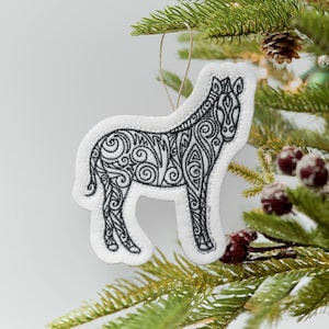 Swirly Zebra Ornament Embroidered on White Felt with Black Thread. Safari, Zoo Animal Gift for Adults or Children with a Love of Zebras.