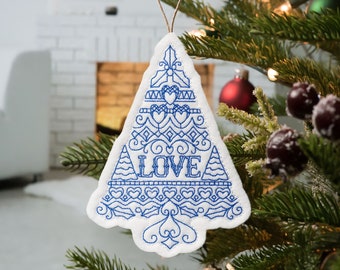 Folk Art Tree Ornament with LOVE, Poinsettias, Hearts and Trees. Embroidered on White Felt with Blue Stitching. Nordic Christmas Ornament.