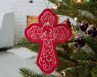 Cross With Nativity Scene Christmas Ornament Embroidered on Red Felt with White Thread. Mary, Joseph and Baby Jesus.