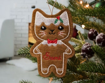 Personalized Gingerbread Cat Christmas Cookie Ornament. Name and/or Year Included.
