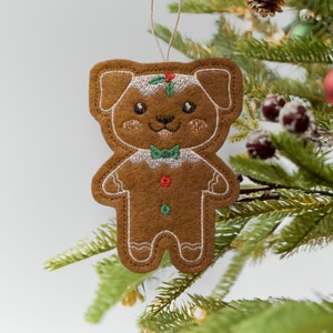 Gingerbread Dog Christmas Cookie Ornament. Felt Gingerbread Dog with White Embroidered Icing and Green and Red Accents. Cute Dog Gift.