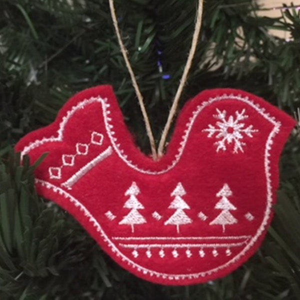 Swedish Christmas Bird Ornament Embroidered on Red Felt with White Stitching. Nordic Holiday Decor.