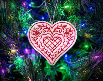 White and Red Heart Ornament Embroidered on Felt.