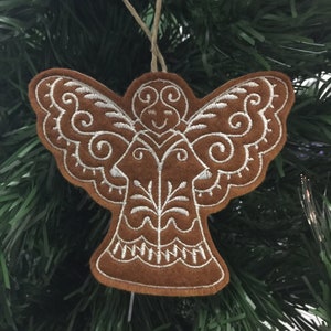 Set of 9 Dark Gingerbread Christmas Cookie Ornaments. Felt Gingerbread Cookies with White Embroidered Icing Designs and Twine Hanging Loops. image 7