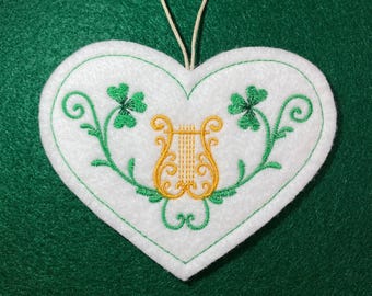 St. Patrick's Day Heart Shaped Ornament with Shamrocks and a Lyre or Harp. Embroidered on White Felt with Green and Gold Threads. Irish Gift