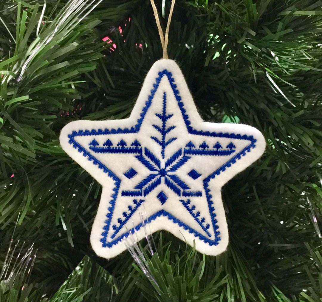 Mini Snowflake Ornaments Embroidered on White Felt With Blue Thread. Sold  as a Set or Individually. Winter Wonderland Snowflake Gift Tags. 