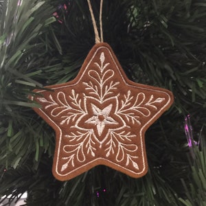 Set of 9 Dark Gingerbread Christmas Cookie Ornaments. Felt Gingerbread Cookies with White Embroidered Icing Designs and Twine Hanging Loops. image 6