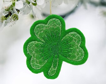 St. Patrick's Day Irish Shamrock Ornament Embroidered with 3 Thread Colors on Green Apple Felt.