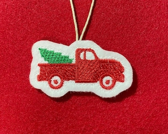 Mini Retro Truck Ornament with Christmas Tree in Back Embroidered on White Felt with Red and Green Threads. Old Fashioned Farm Truck.