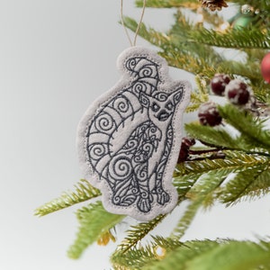 Swirly Ring Tailed Lemur Ornament Embroidered on Gray Felt with Charcoal Thread. Madagascar Primate. Gift for Lemur Lover.