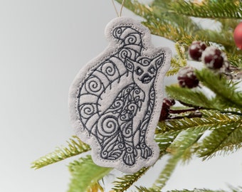 Swirly Ring Tailed Lemur Ornament Embroidered on Gray Felt with Charcoal Thread. Madagascar Primate. Gift for Lemur Lover.