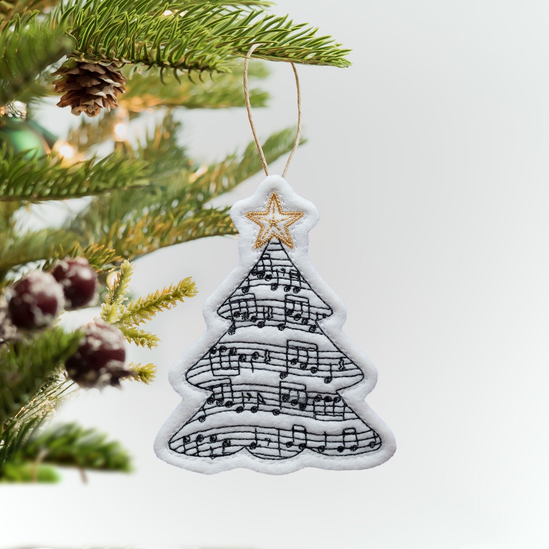 White Sheet Music Christmas Tree Ornament. Embroidered Felt Ornament