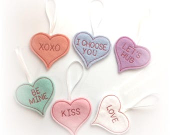 Valentines Day Mini Heart Ornaments in Sets of 6 or Singles. Valentine Gift Tags Embroidered on Felt. Valentine Heart Ornaments.