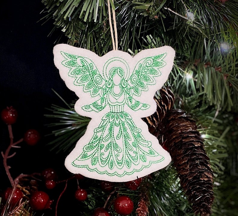 Delicate Angel Christmas Ornament Embroidered on White Felt with Green Thread. Elegant, Swirly Angel Gift Tag. image 1