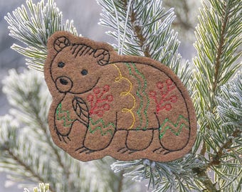 Brown Woodland Bear Christmas Ornament Embroidered on Reddish Brown Felt with Red, Yellow, Green and Black Threads. Woodland Animal Holiday
