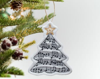 White Sheet Music Christmas Tree Ornament. Embroidered Felt Ornament. Musical Notes Christmas Tree Ornament. Musician Gift. Musical Gift.