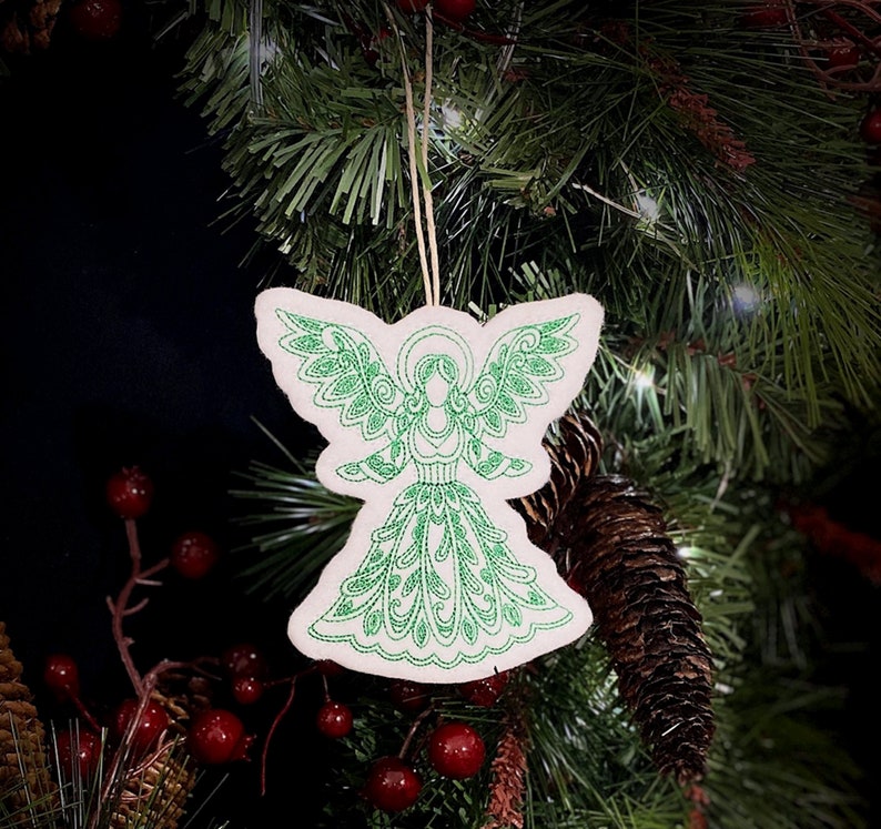 Delicate Angel Christmas Ornament Embroidered on White Felt with Green Thread. Elegant, Swirly Angel Gift Tag. image 2